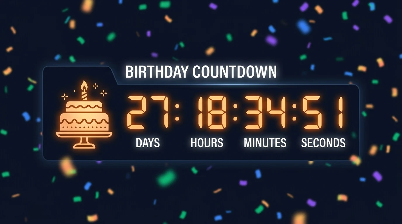 Birthday countdown clock glowing on dark background with confetti particles and warm amber light