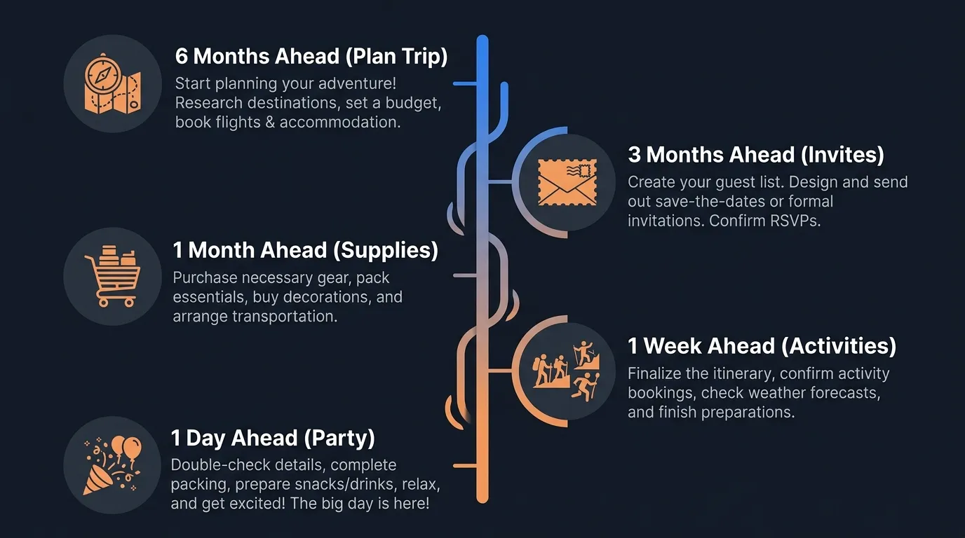 Birthday countdown planning timeline from 6 months to 1 day before the celebration
