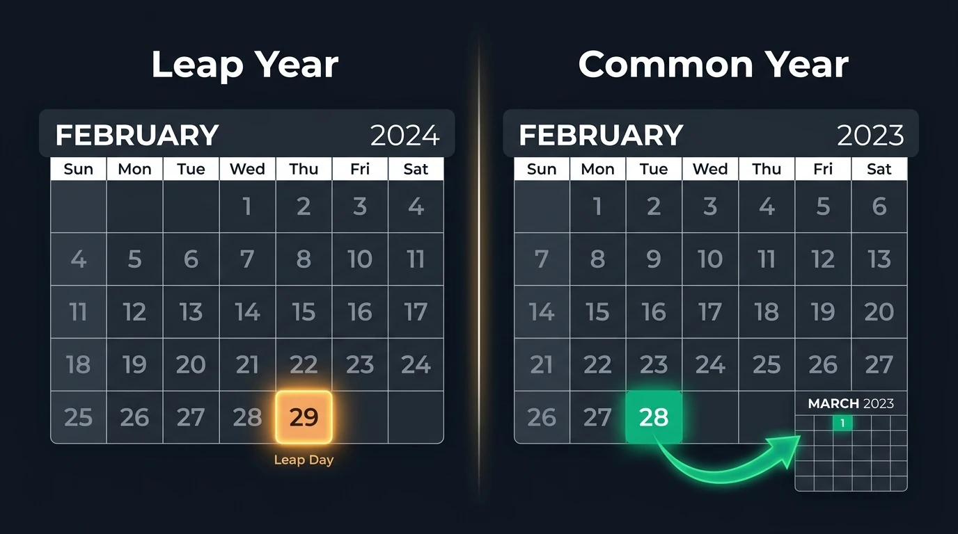 Calendar showing February 29 leap year birthday highlighted versus common year celebration options
