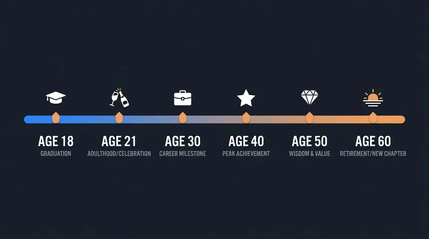Milestone birthday timeline from age 18 to 60 with celebration icons at each major age