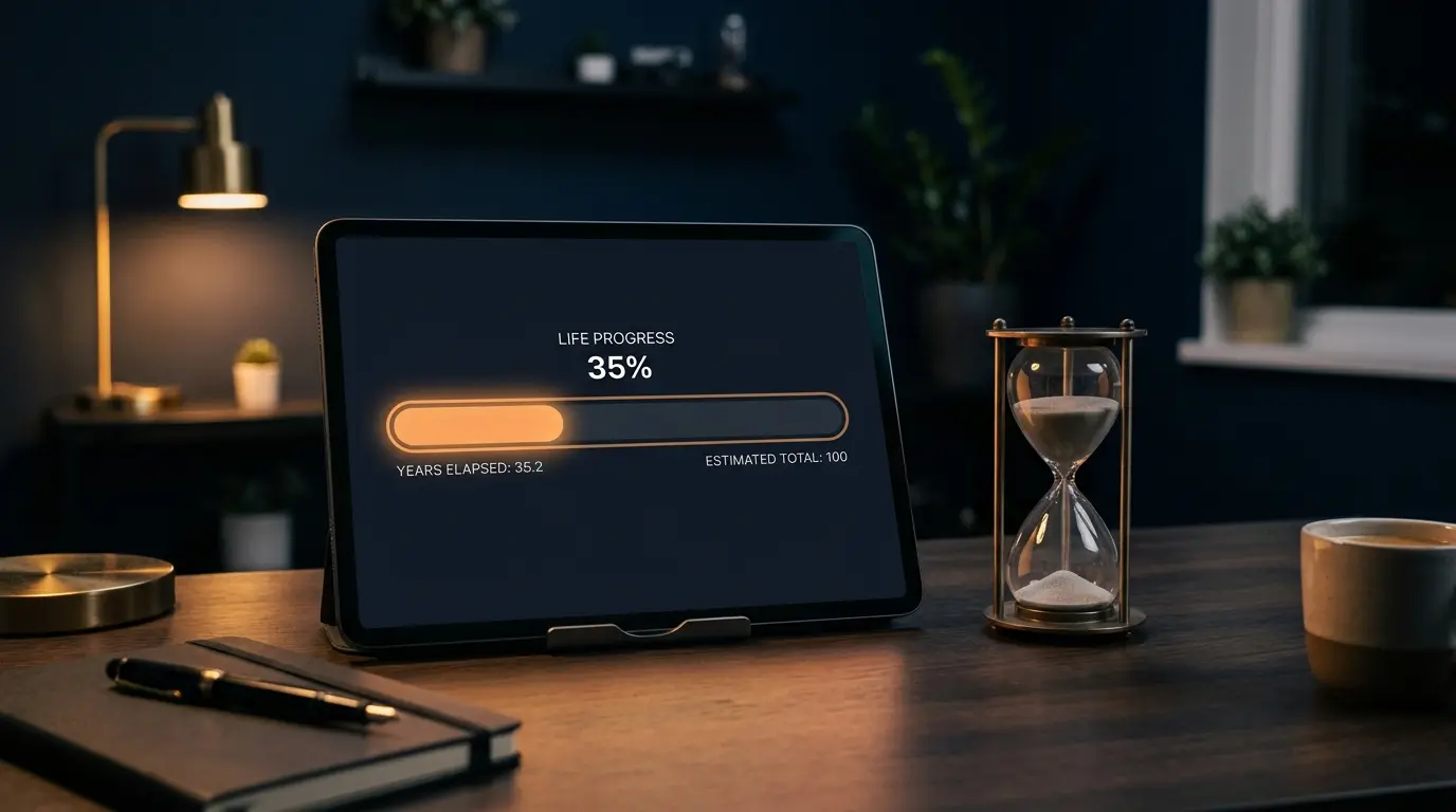 Life progress bar interface glowing on a dark screen with ambient warm light — dark editorial style