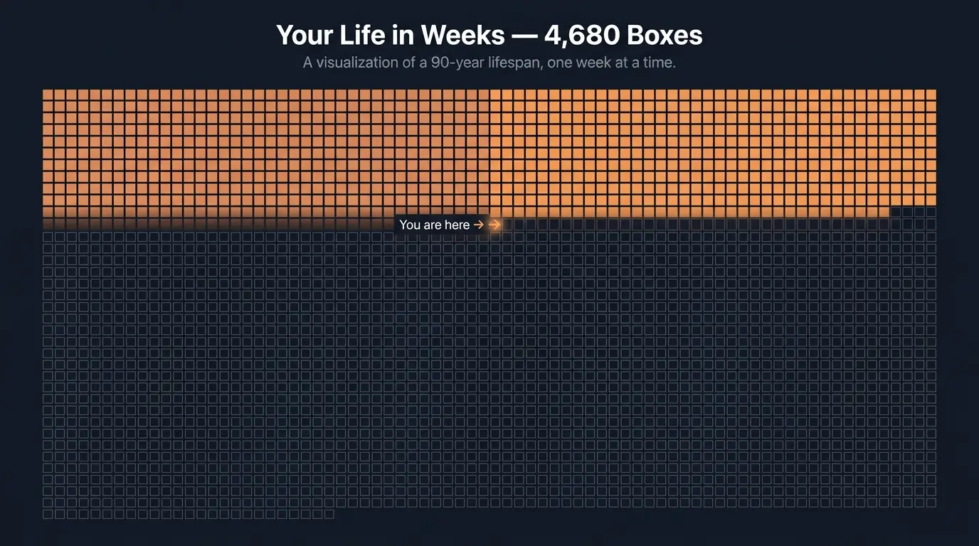 Life in weeks grid — 4,680 boxes representing a 90-year lifespan with lived weeks filled in amber