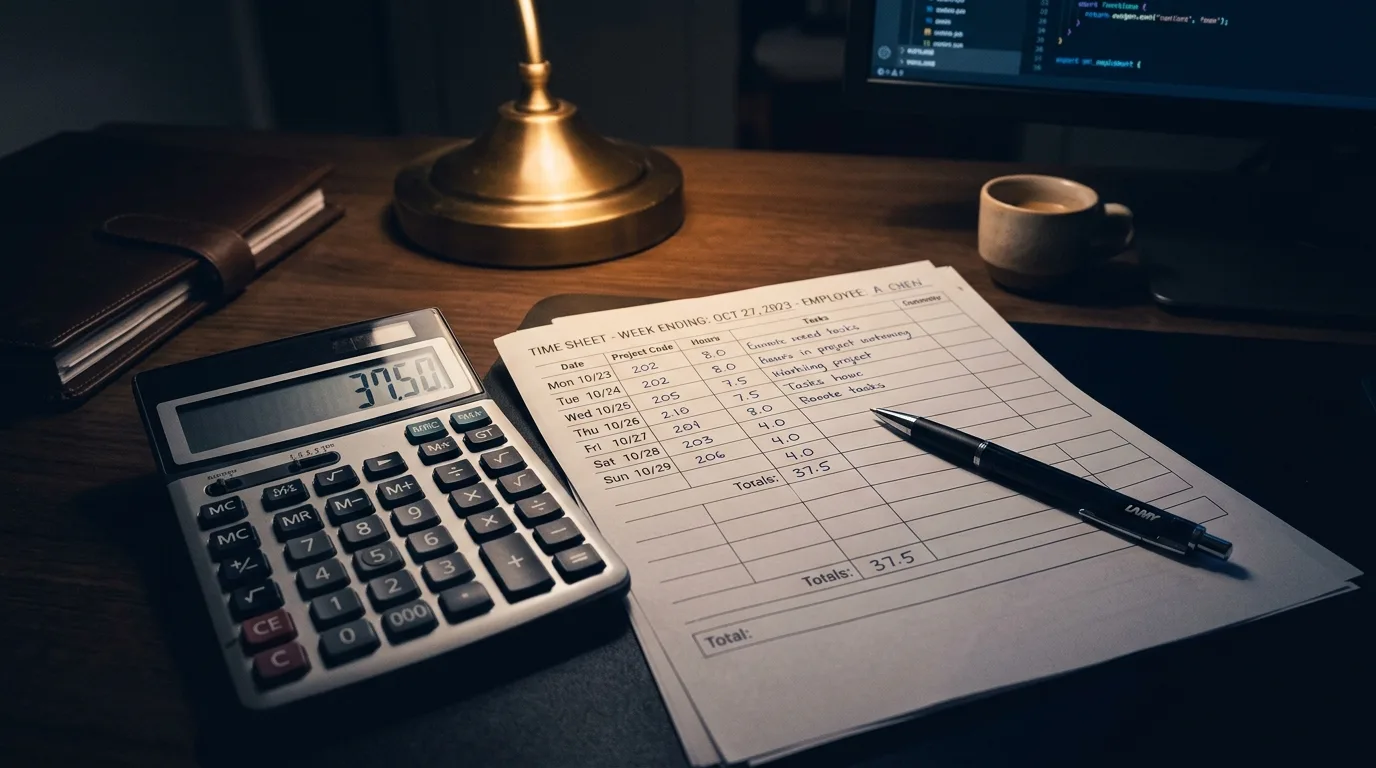 Corporate desk with a timesheet, calculator, and pen under warm office lighting — dark editorial style