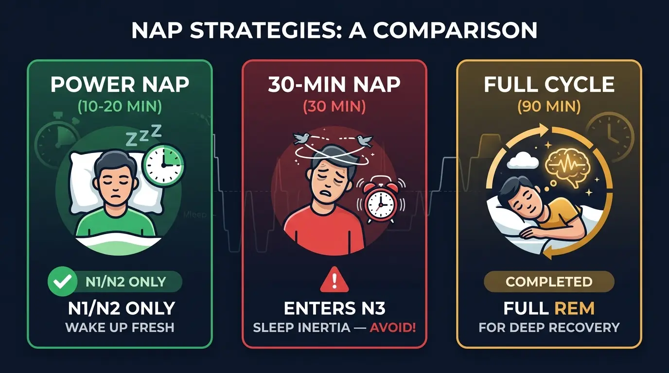 Nap duration comparison infographic: 3 timelines showing Power Nap (10-20 min, stays in N1/N2), 30-min nap (danger zone - enters N3), and Full Cycle (90 min, completes REM). Traffic light color coding: green/red/amber. 16:9 ratio, dark background.