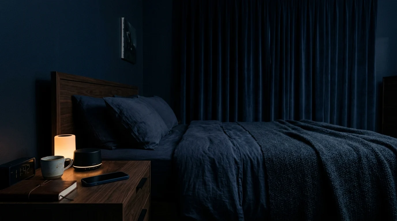 Premium sleep environment setup: dark minimalist bedroom at night showing blackout curtains, white noise machine on nightstand, cool temperature setting on thermostat, phone face-down (no blue light). Cinematic 16:9 dark photography style.