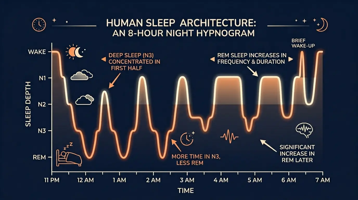 A hypnogram (sleep stage chart) showing how the brain cycles through N1, N2, N3, and REM sleep across a full 8-hour night. REM periods grow longer toward morning while deep sleep concentrates in the first half. 16:9 infographic style on dark background.